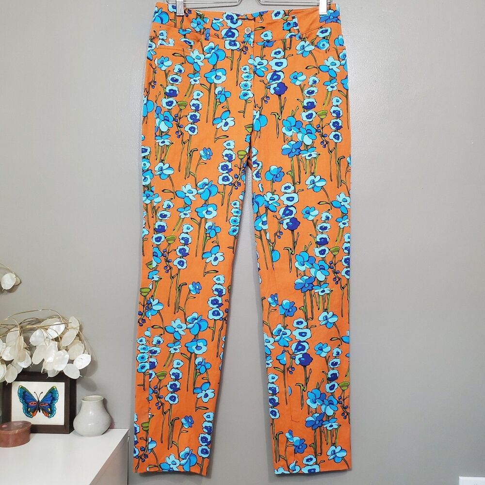 J.McLaughlin For Dillards Slim Fit Dixie Pants Size 8 Orange Blue Floral Print